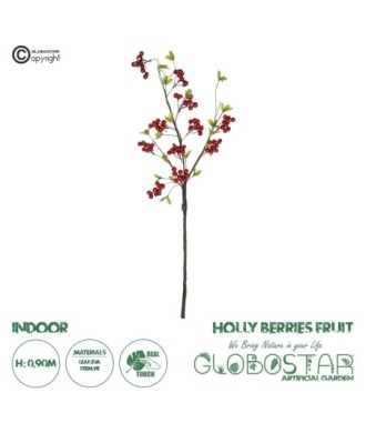 GloboStar® Artificial Garden RED HOLLY BERRIES FRUIT BRANCH 21430 Τεχνητό Διακοσμητικό Κλαδί Κόκκινο Γκί Y90cm